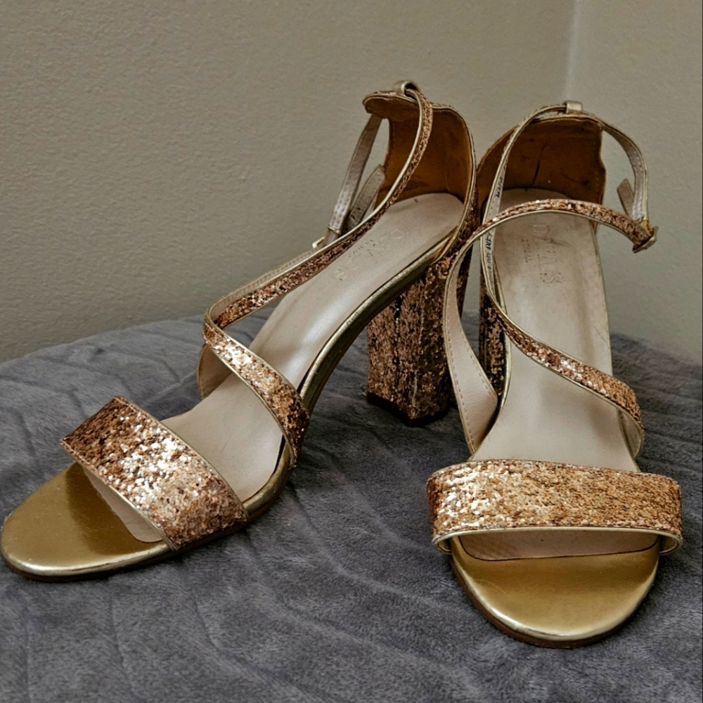 David's bridal gold block heel straps